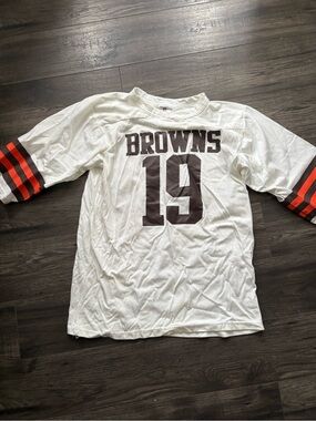 NFL Browns #19 White Tee with Brown and Orange Sleeve Stripes